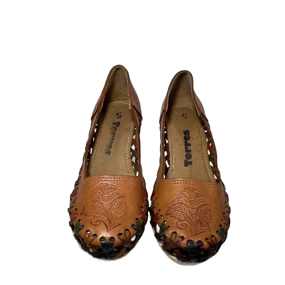 Torres Tooled Tan Leather Huarache Laced Wedge Womens size 5